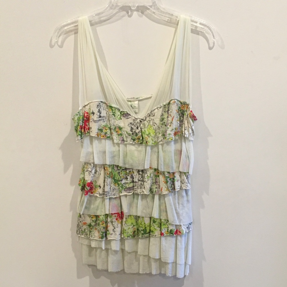 Anthropologie White Floral Tiered Ruffle Tank